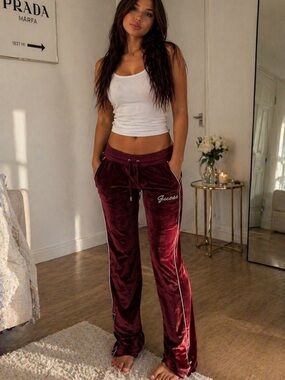 GUESS Burgundy Velvet Track Pants with Side Stripes Y2K